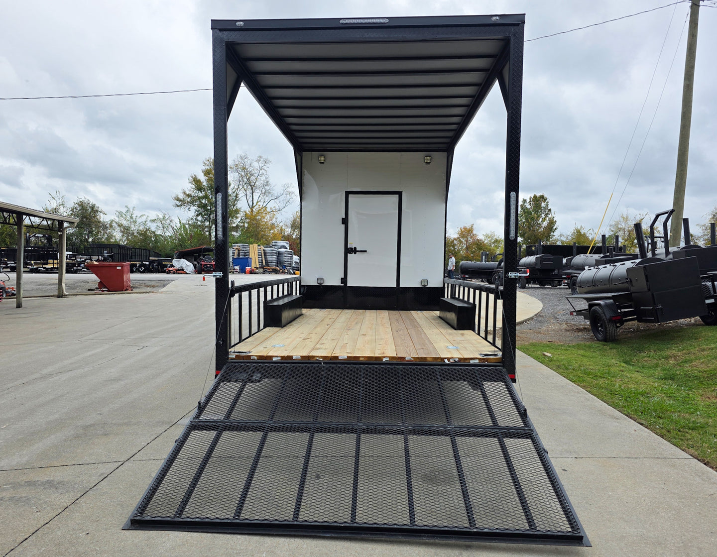 8.5x24 White Hybrid Trailer w/ Roof Covered Rear Deck 9' Interior (2) 7,000lb Axles Rear Gate Down