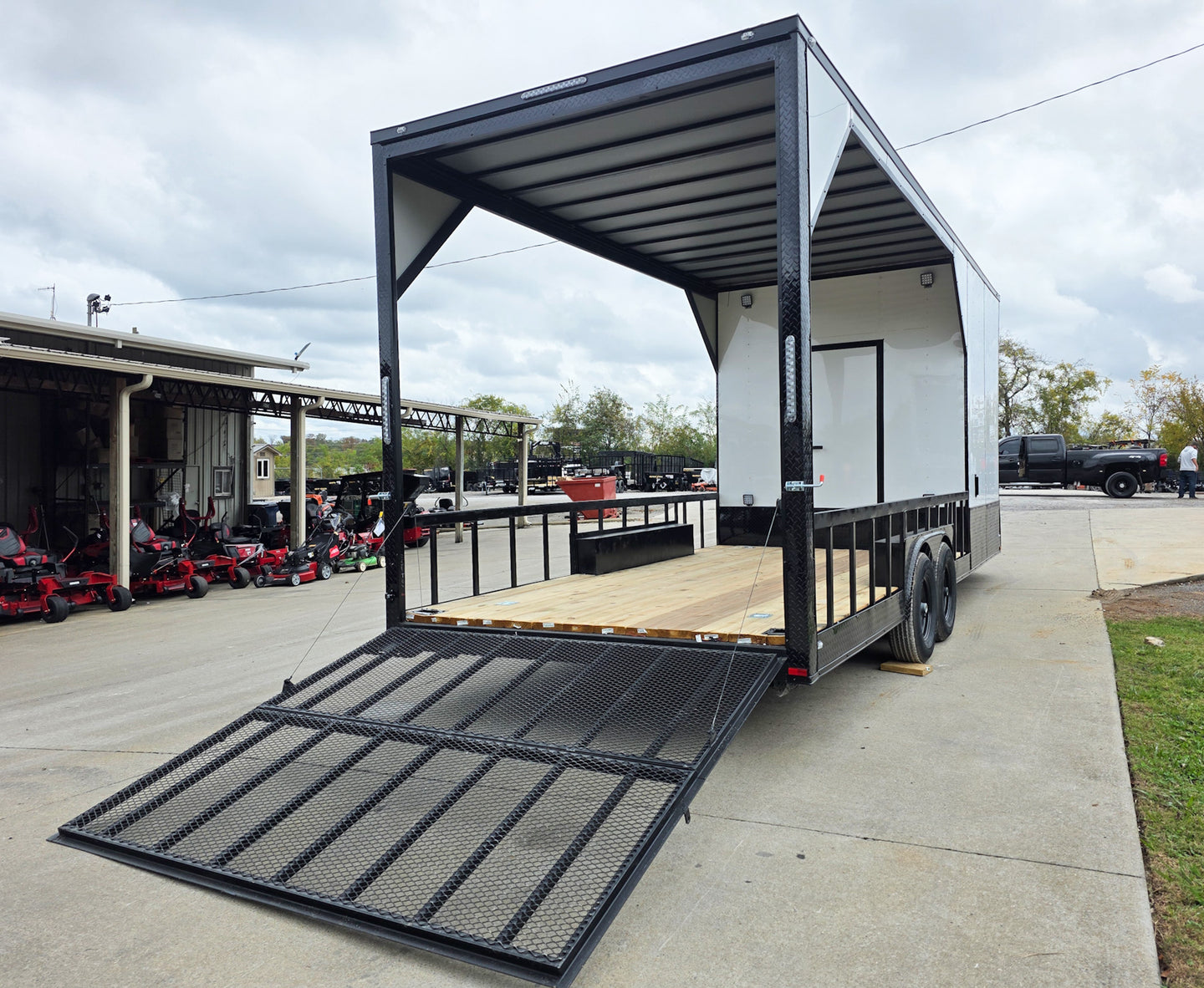 8.5x24 White Hybrid Trailer w/ Roof Covered Rear Deck 9' Interior (2) 7,000lb Axles Right Rear Side Bi-Fold Gate Down