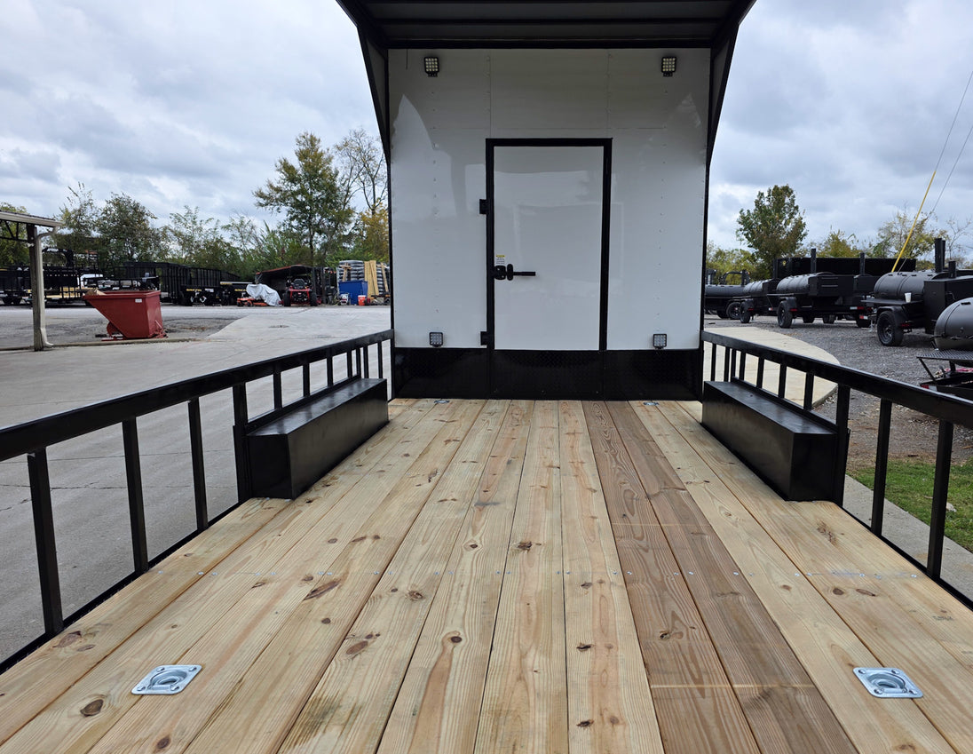 8.5x24 White Hybrid Trailer w/ Roof Covered Rear Deck 9' Interior (2) 7,000lb Axles Front of Deck
