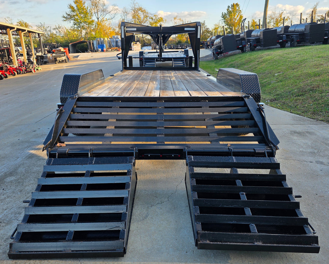 7x18 Gooseneck Equipment Trailer (2) 7K Axles King Kong Ramps 14k GVWR Rear Ramps Down
