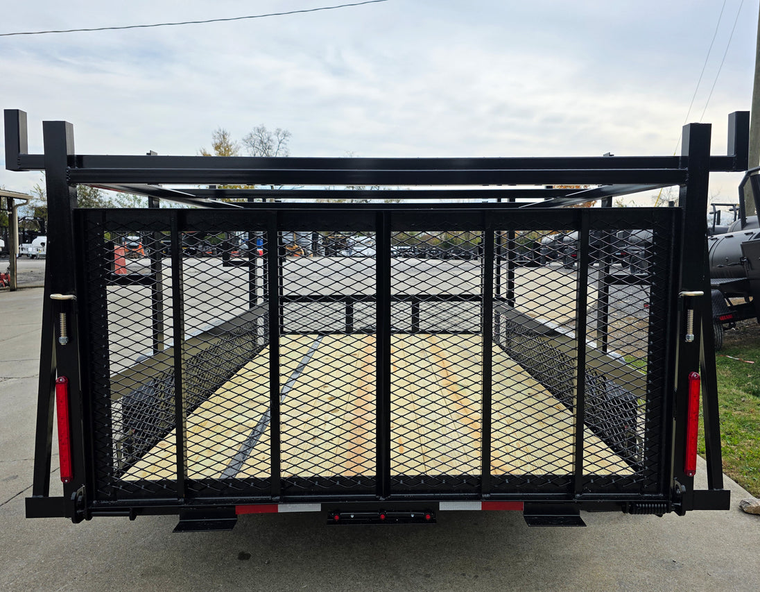 7x12 Straight Deck Utility Trailer 4ft Ladder Racks with 1.5 FT Mesh (2) 3500lb Axle Rear Gate Up