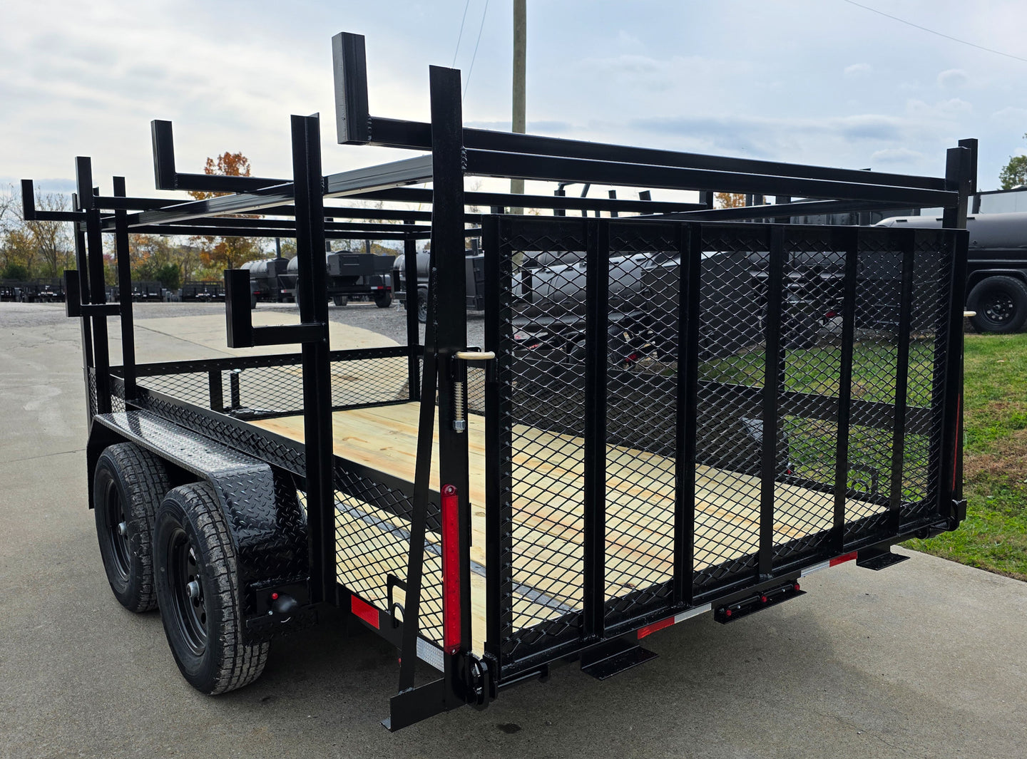 7x12 Straight Deck Utility Trailer 4ft Ladder Racks with 1.5 FT Mesh (2) 3500lb Axle Rear Left Gate Up