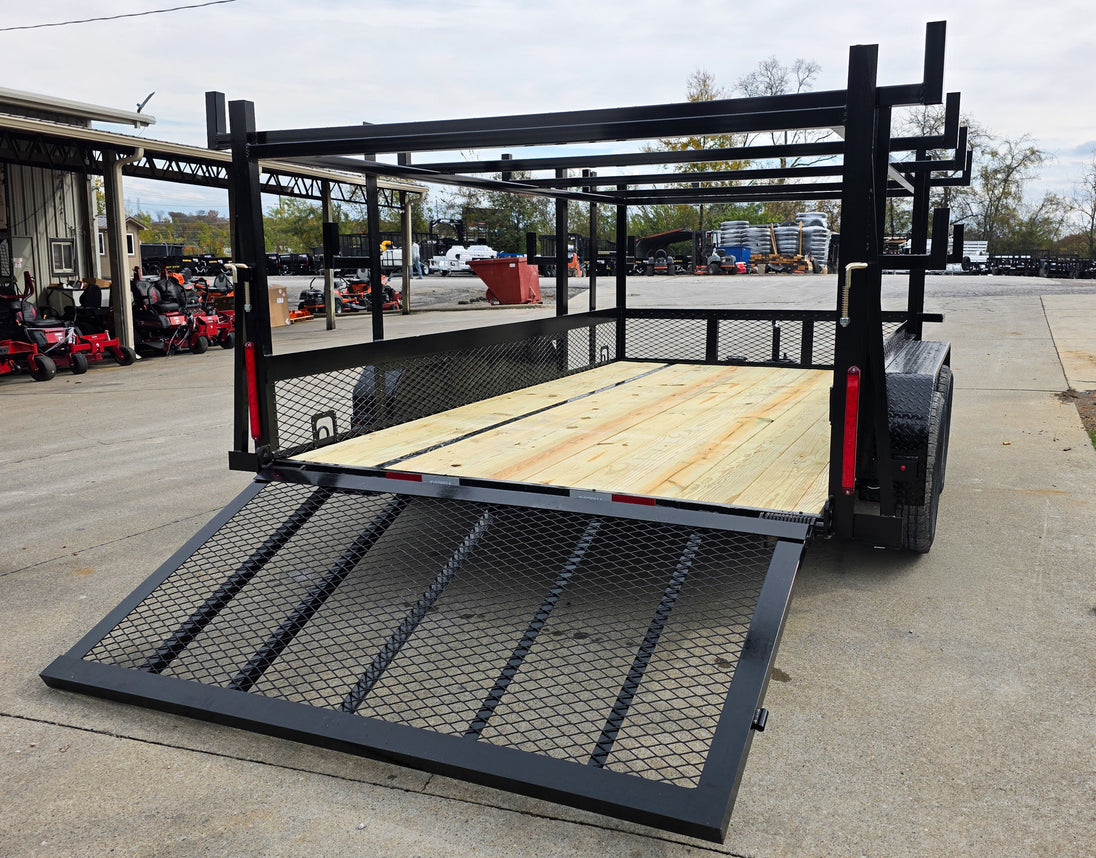 7x12 Straight Deck Utility Trailer 4ft Ladder Racks with 1.5 FT Mesh (2) 3500lb Axle Right Rear Gate Down
