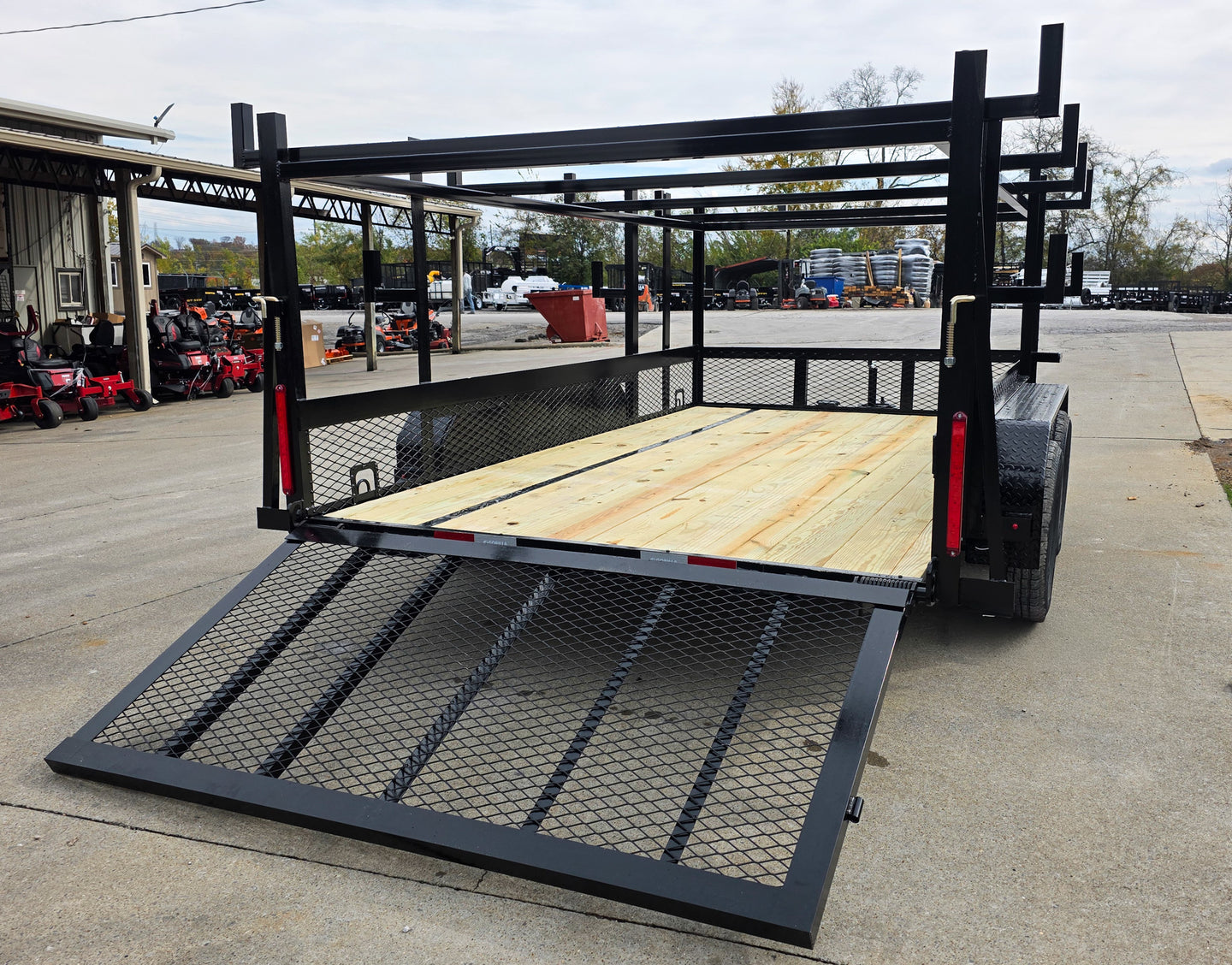 7x12 Straight Deck Utility Trailer 4ft Ladder Racks with 1.5 FT Mesh (2) 3500lb Axle Right Rear Gate Down