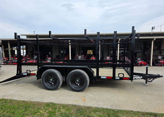 7x12 Straight Deck Utility Trailer 4ft Ladder Racks with 1.5 FT Mesh (2) 3500lb Axle Right Side Gate Down