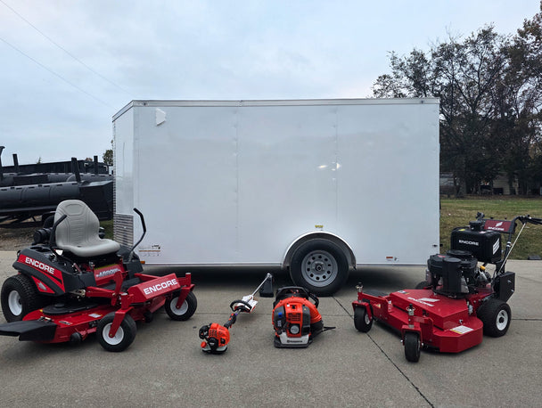 Encore Arrow EA6OXP24LS 60" Zero Turn EW32FS481V 32" Stand On Mower Handheld Enclosed Package Left Side Front of Products 