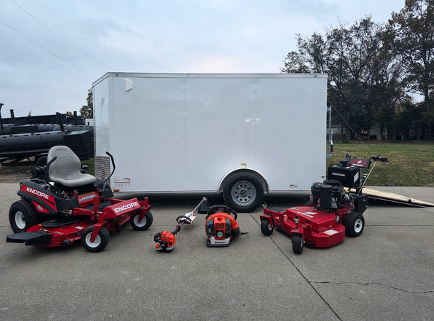 Encore Arrow EA6OXP24LS 60" Zero Turn EW32FS481V 32" Stand On Mower Handheld Enclosed Package Left Side Ramp Down