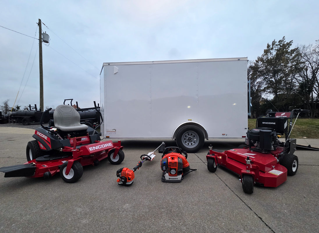 Encore Arrow EA6OXP24LS 60" Zero Turn EW32FS481V 32" Stand On Mower Handheld Enclosed Package Left Side Front View