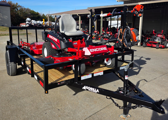Encore Arrow EA6OXP24LS 60" Zero Turn EW32FS481V 32" Stand On Mower Handheld Utility with Racks Package Front Right 