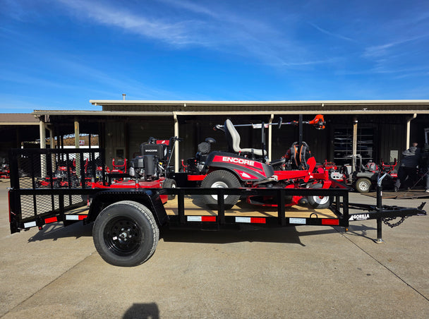 Encore Arrow EA6OXP24LS 60" Zero Turn EW32FS481V 32" Stand On Mower Handheld Utility with Racks Package Right Side