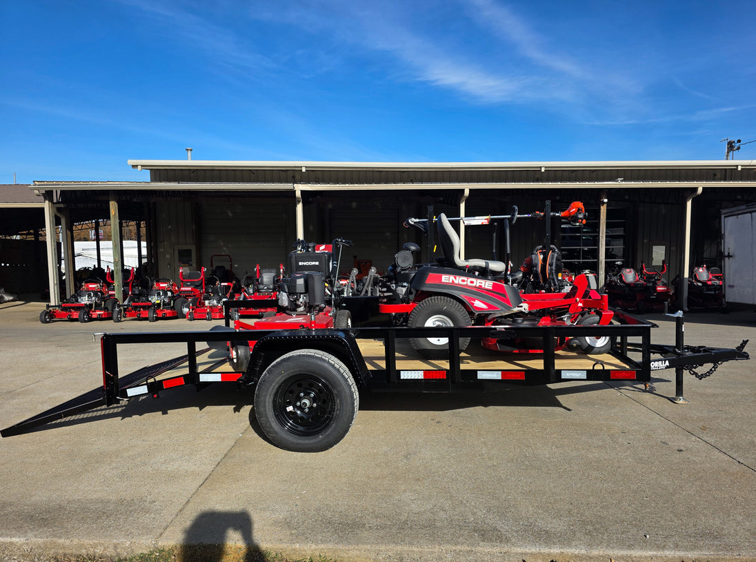 Encore Arrow EA6OXP24LS 60" Zero Turn EW32FS481V 32" Stand On Mower Handheld Utility with Racks Package Right Side Gate Down