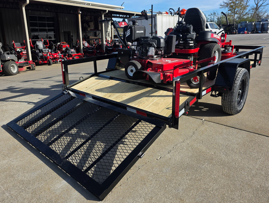 Encore Arrow EA6OXP24LS 60" Zero Turn EW32FS481V 32" Stand On Mower Handheld Utility with Racks Package Right Rear Gate Down