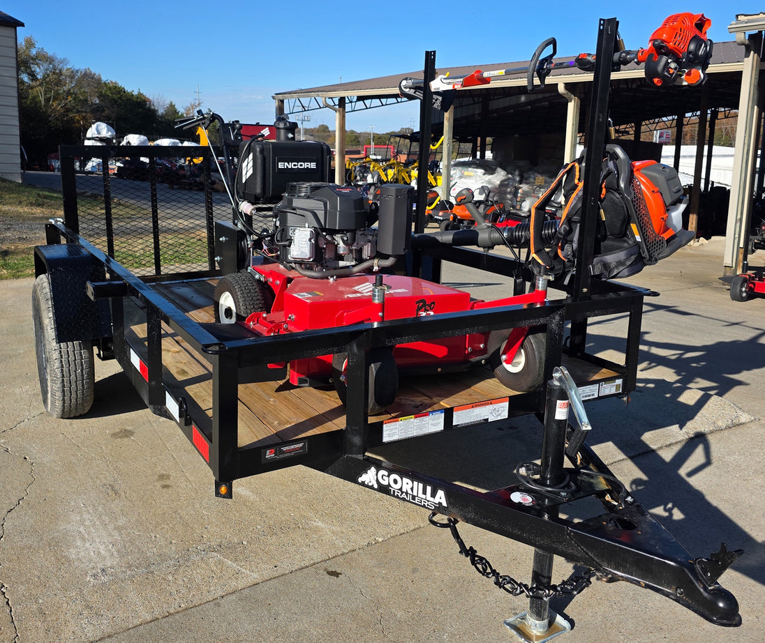 Encore EW32FS481V 32" Stand On Zero Turn Mower Handheld Utility with Racks Package Front Right 