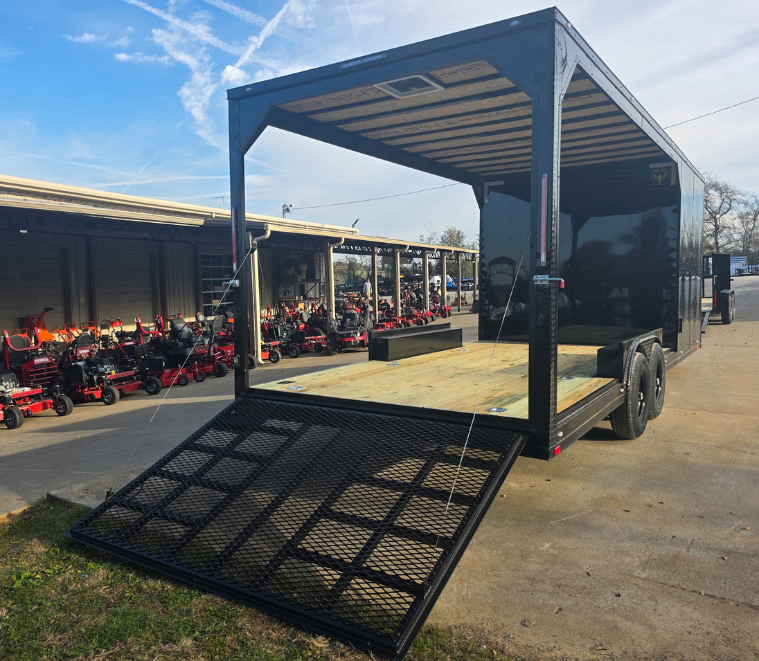 8.5x24 Hybrid Trailer Black with Black Out Package (2) 7000k Axles Right Rear  Gate Down