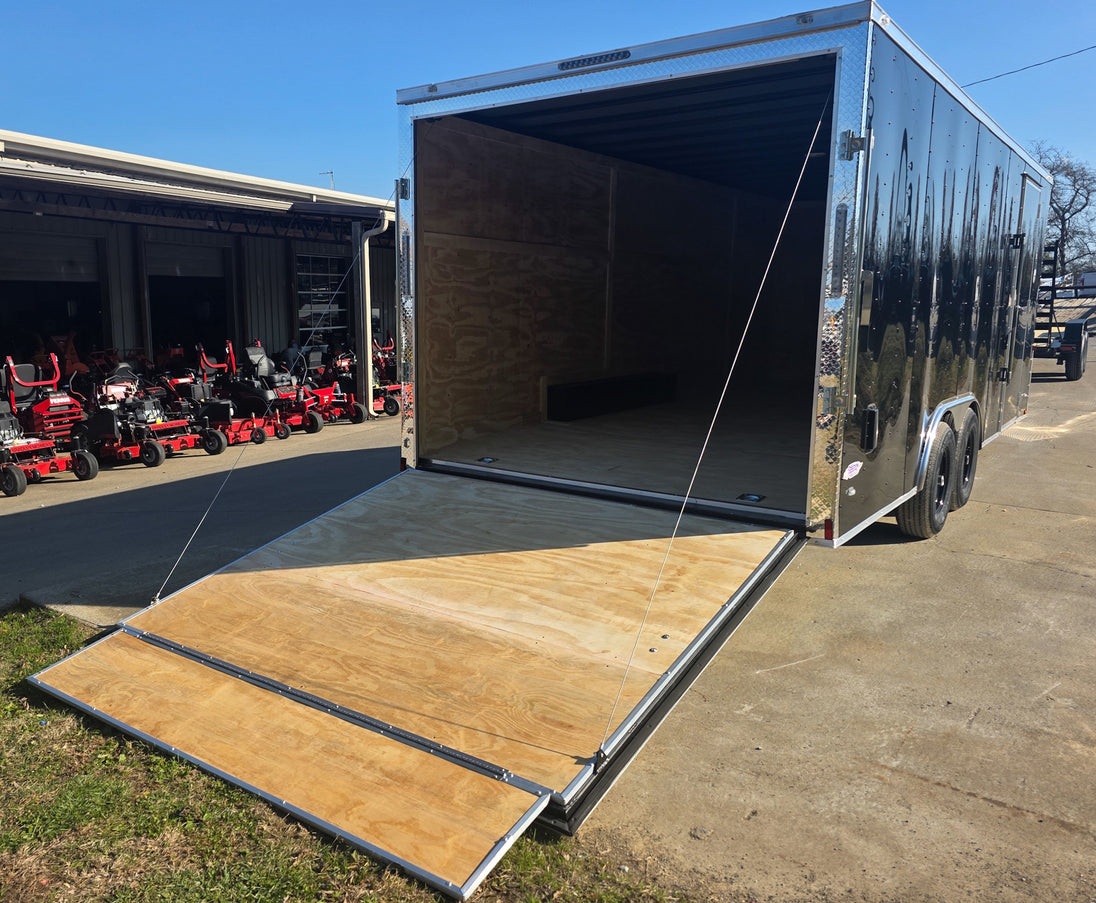 8.5x20 Black V-Nose Enclosed Trailer with Silver ATP (2) 52000lb Axles Left Rear  Right Rear Ramp Down