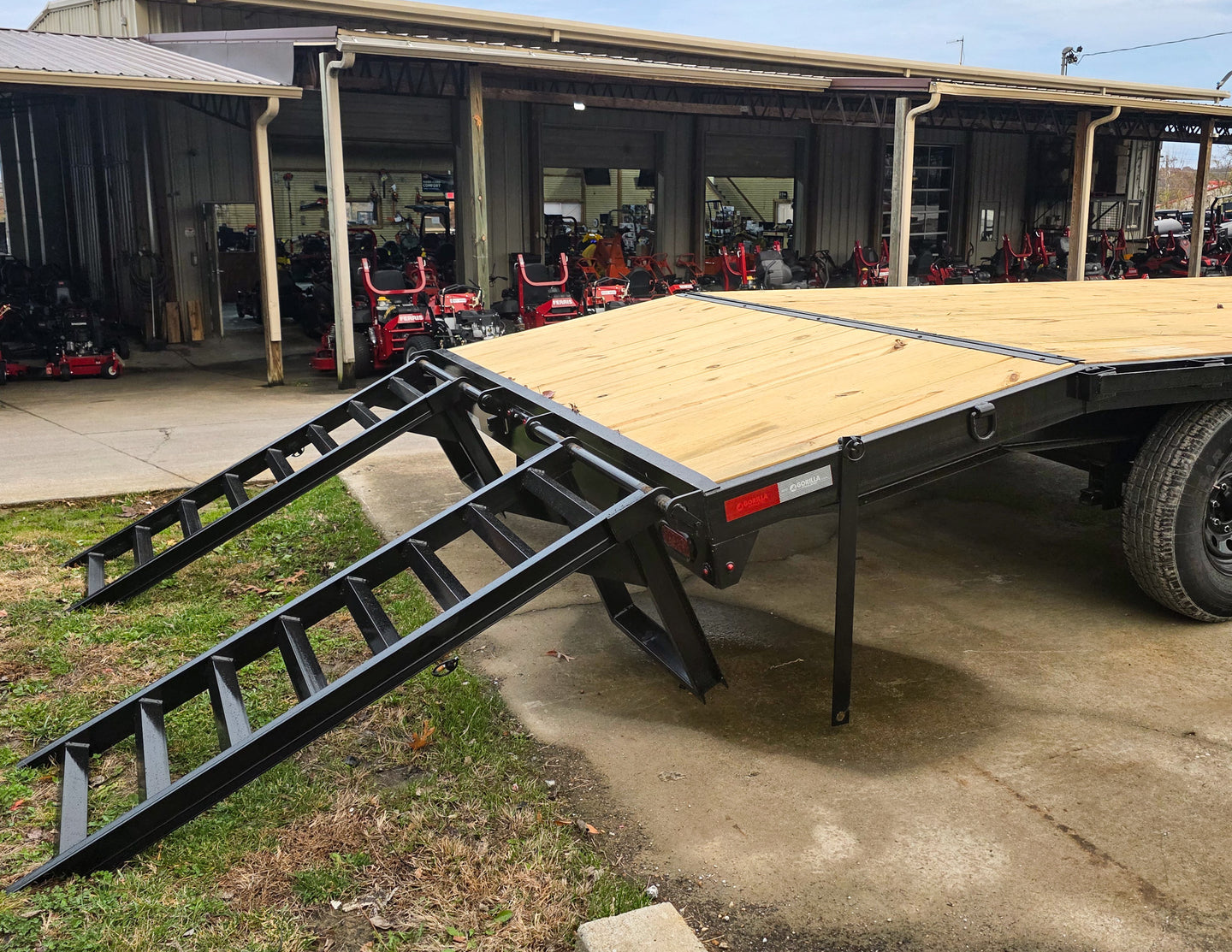 8.5x20 I-Beam Deckover Trailer (2) 7K Axles Stand-Up Ramps 14K GVWR Right Rea Ramps Down