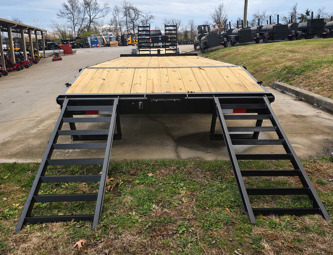8.5x20 I-Beam Deckover Trailer (2) 7K Axles Stand-Up Ramps 14K GVWR Rear Ramps Down