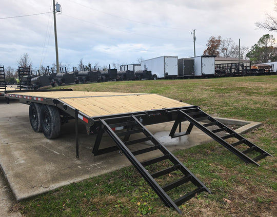 8.5x20 I-Beam Deckover Trailer (2) 7K Axles Stand-Up Ramps 14K GVWR Left Rear Ramps Down