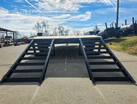 7x20 Equipment Trailer 8" I-Beam (2) 7K Axles Standup Ramps 14K GVWR Rear Ramps Down