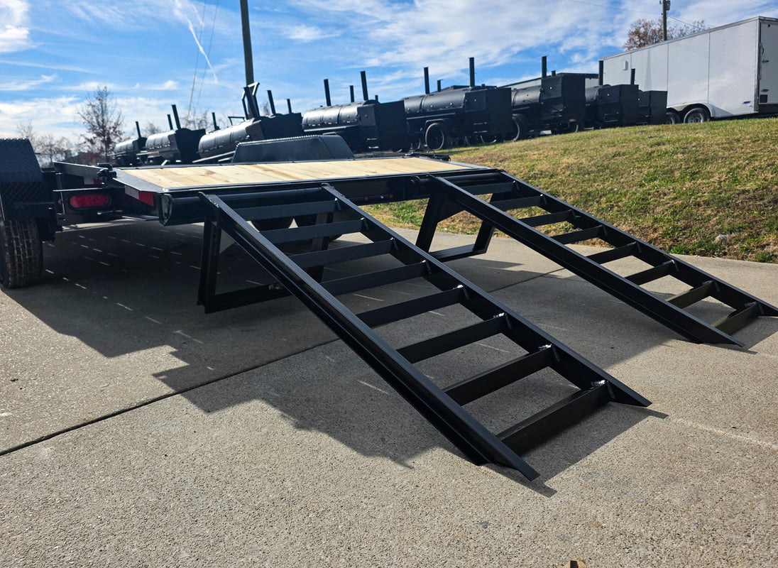 7x20 Equipment Trailer 8" I-Beam (2) 7K Axles Standup Ramps 14K GVWR Left Rear Ramps Down 