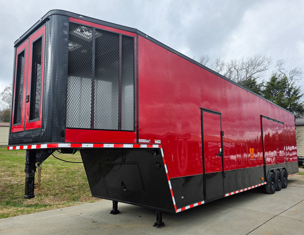 8.5x42 Red Gooseneck Enclosed Trailer Generator Cage with Rear Gullwing (3) 7000k Axles Front Left Side 