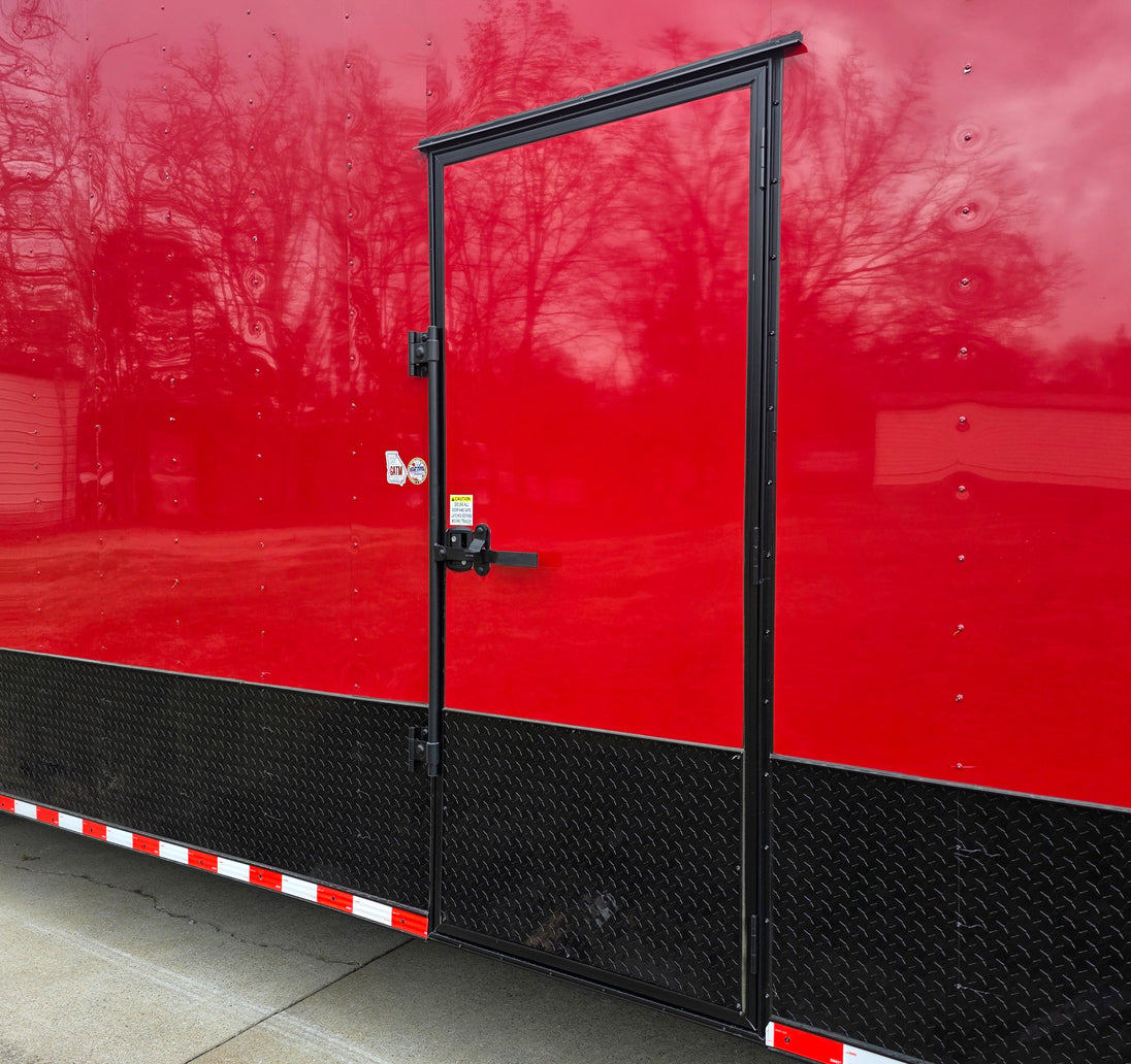 8.5x42 Red Gooseneck Enclosed Trailer Generator Cage with Rear Gullwing (3) 7000k Axles Right Side Door Outside 