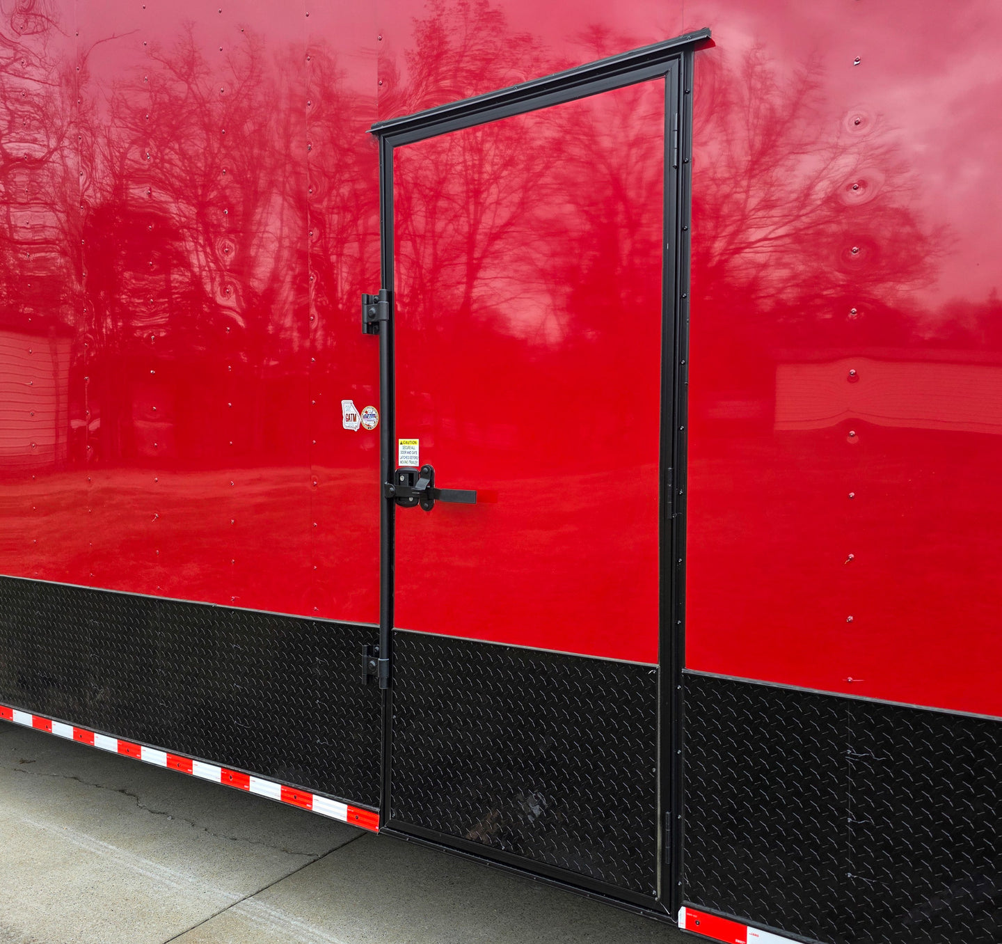 8.5x42 Red Gooseneck Enclosed Trailer Generator Cage with Rear Gullwing (3) 7000k Axles Right Side Door Outside 