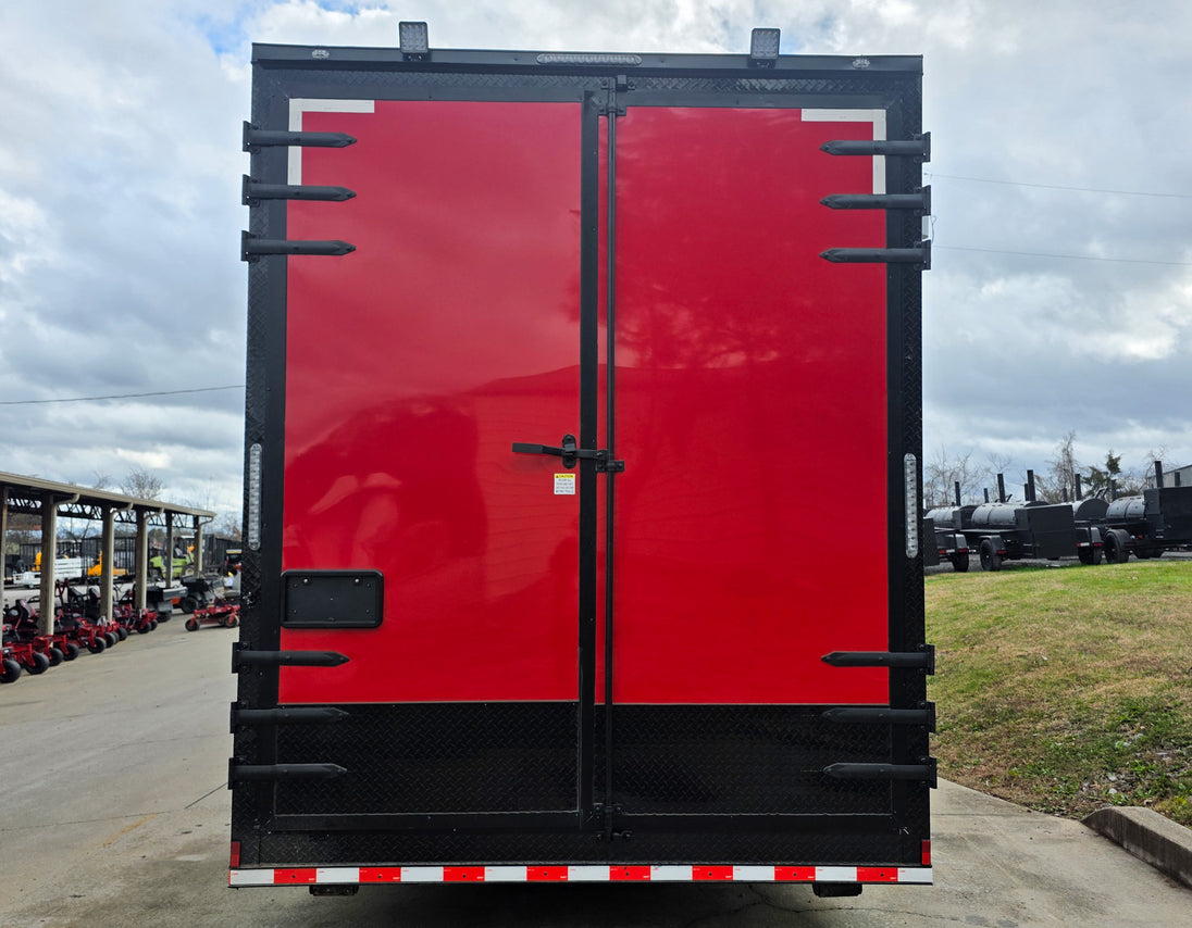 8.5x42 Red Gooseneck Enclosed Trailer Generator Cage with Rear Gullwing (3) 7000k Axles Rear