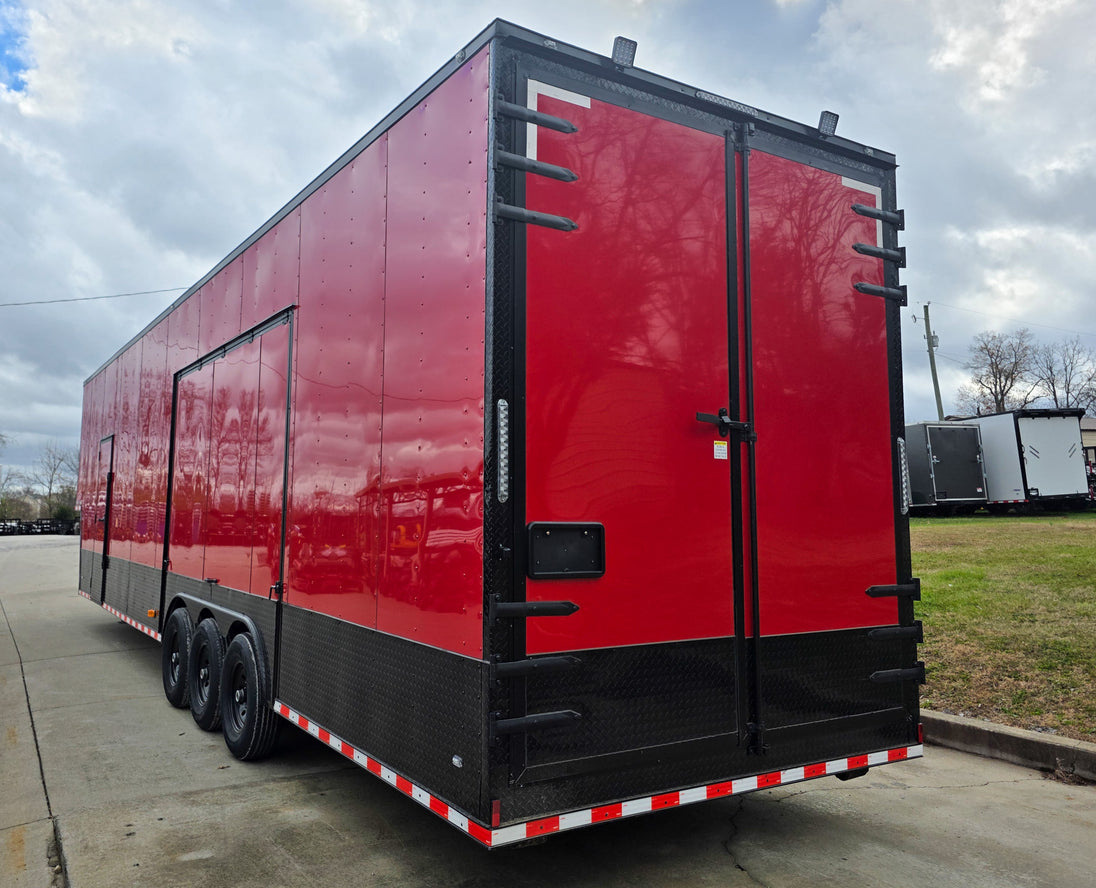 8.5x42 Red Gooseneck Enclosed Trailer Generator Cage with Rear Gullwing (3) 7000k Axles Left Rear