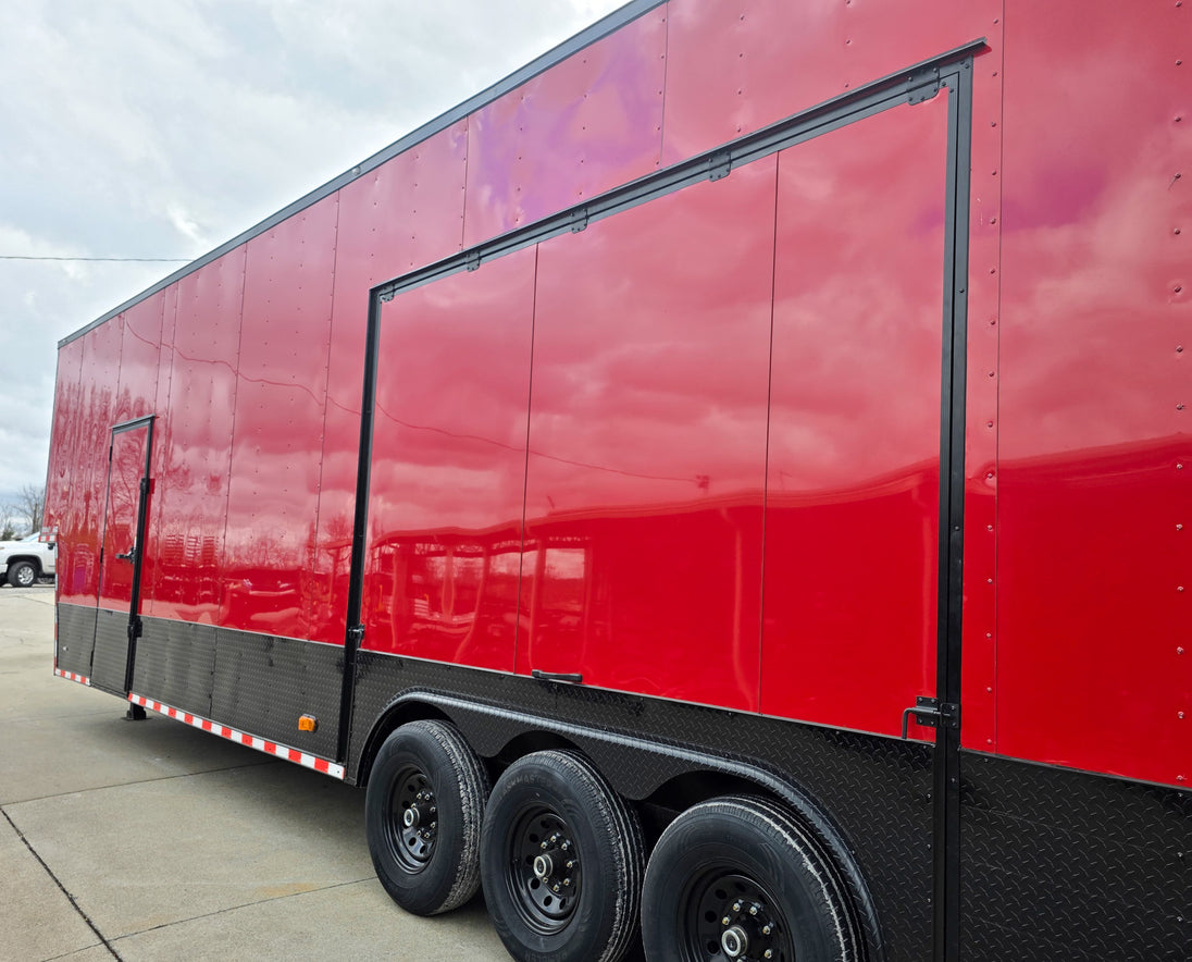 8.5x42 Red Gooseneck Enclosed Trailer Generator Cage with Rear Gullwing (3) 7000k Axles Rear Gullwing Closed 