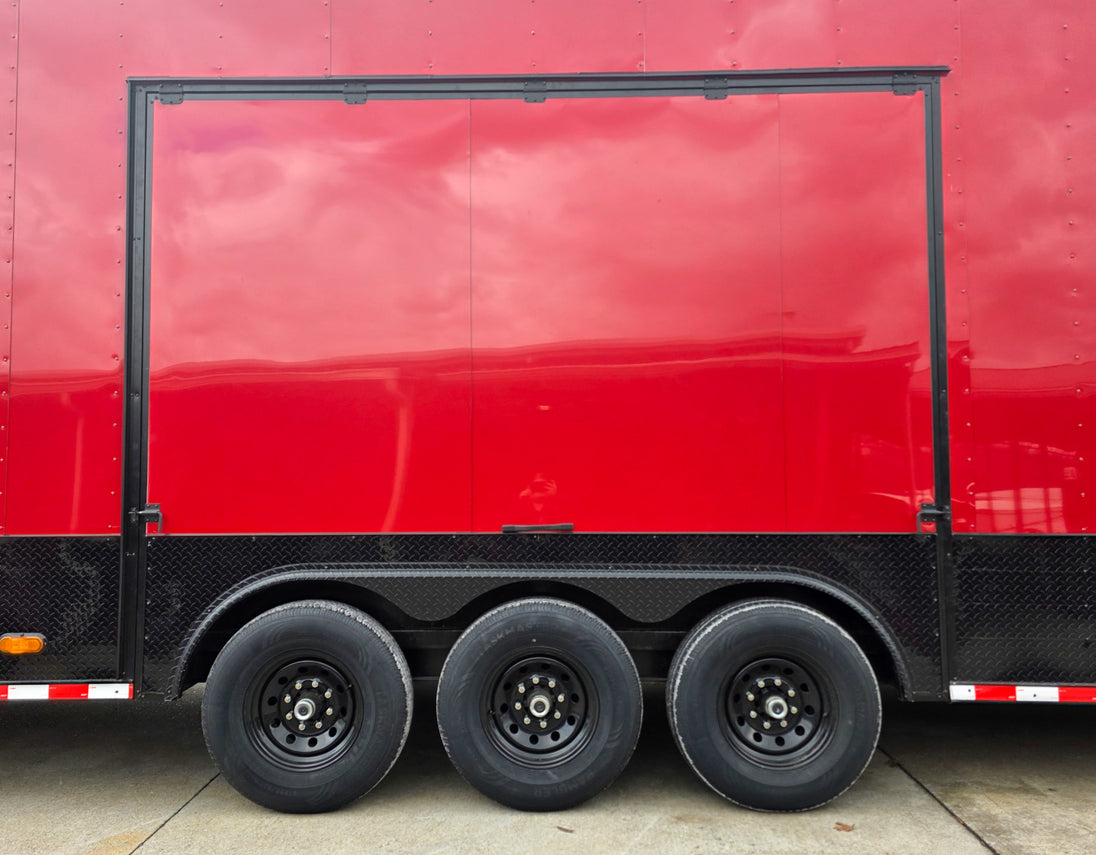 8.5x42 Red Gooseneck Enclosed Trailer Generator Cage with Rear Gullwing (3) 7000k Axles Left Side Gullwing 