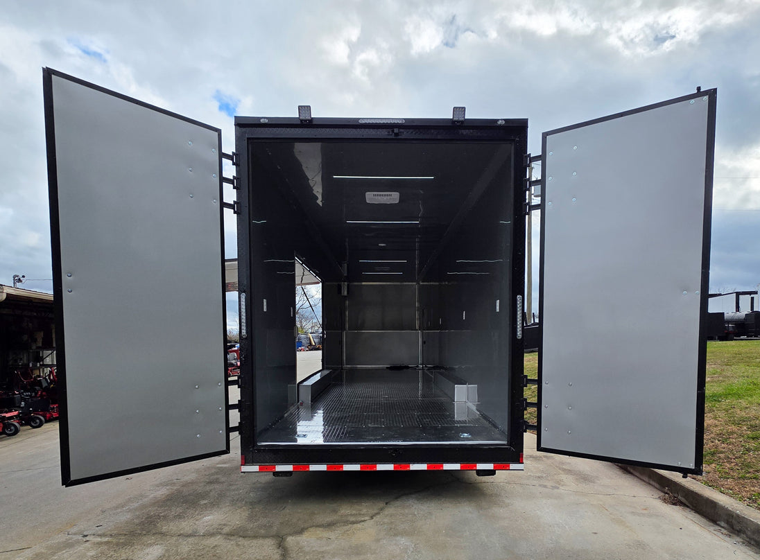 8.5x42 Red Gooseneck Enclosed Trailer Generator Cage with Rear Gullwing (3) 7000k Axles Rear Barn Doors Open