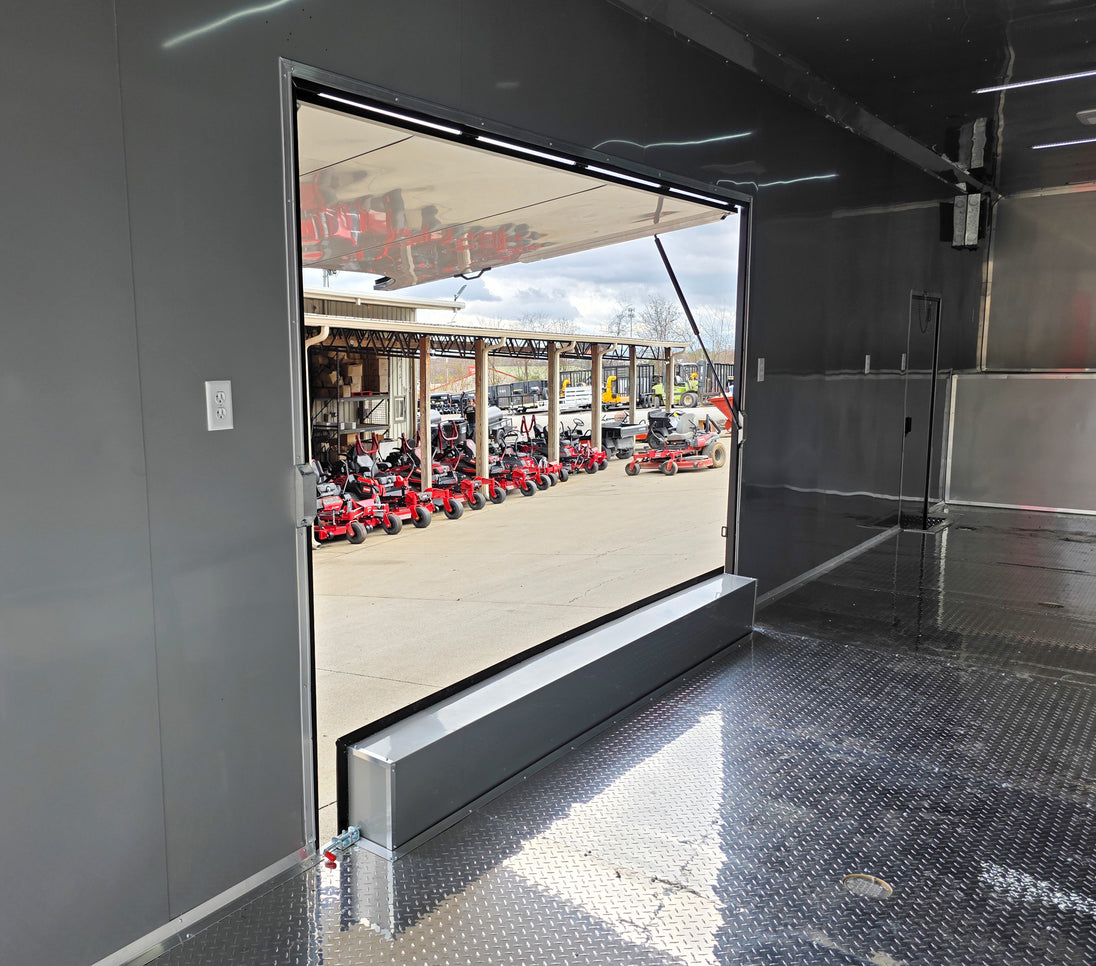 8.5x42 Red Gooseneck Enclosed Trailer Generator Cage with Rear Gullwing (3) 7000k Axles Inside Gullwing Open