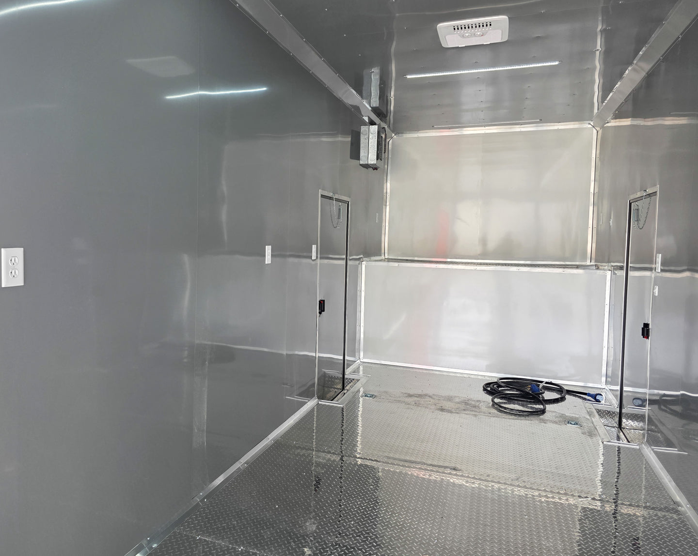 8.5x42 Red Gooseneck Enclosed Trailer Generator Cage with Rear Gullwing (3) 7000k Axles Inside Front Left 