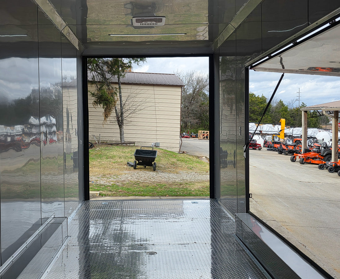 8.5x42 Red Gooseneck Enclosed Trailer Generator Cage with Rear Gullwing (3) 7000k Axles Inside Rear Gullwing Open