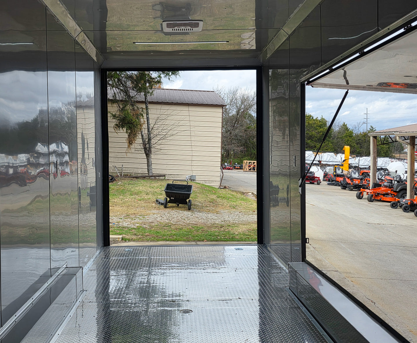 8.5x42 Red Gooseneck Enclosed Trailer Generator Cage with Rear Gullwing (3) 7000k Axles Inside Rear Gullwing Open
