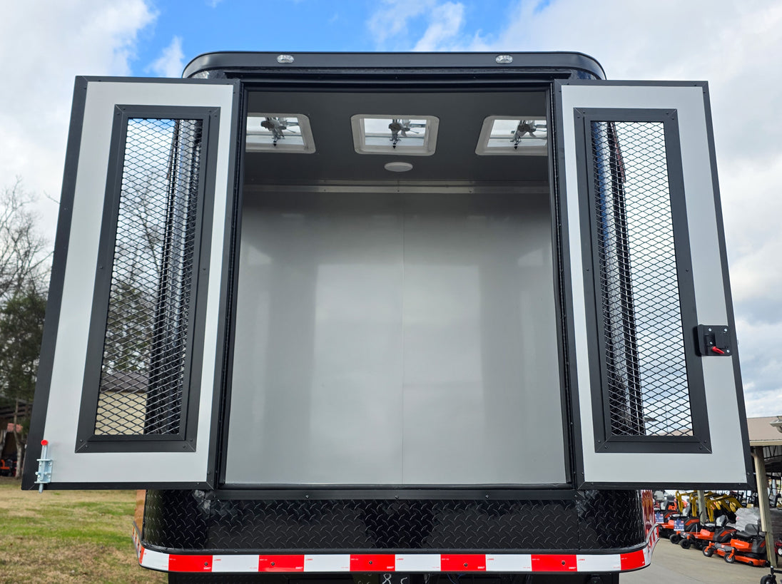 8.5x42 Red Gooseneck Enclosed Trailer Generator Cage with Rear Gullwing (3) 7000k Axles Front Generator Cage Doors Open