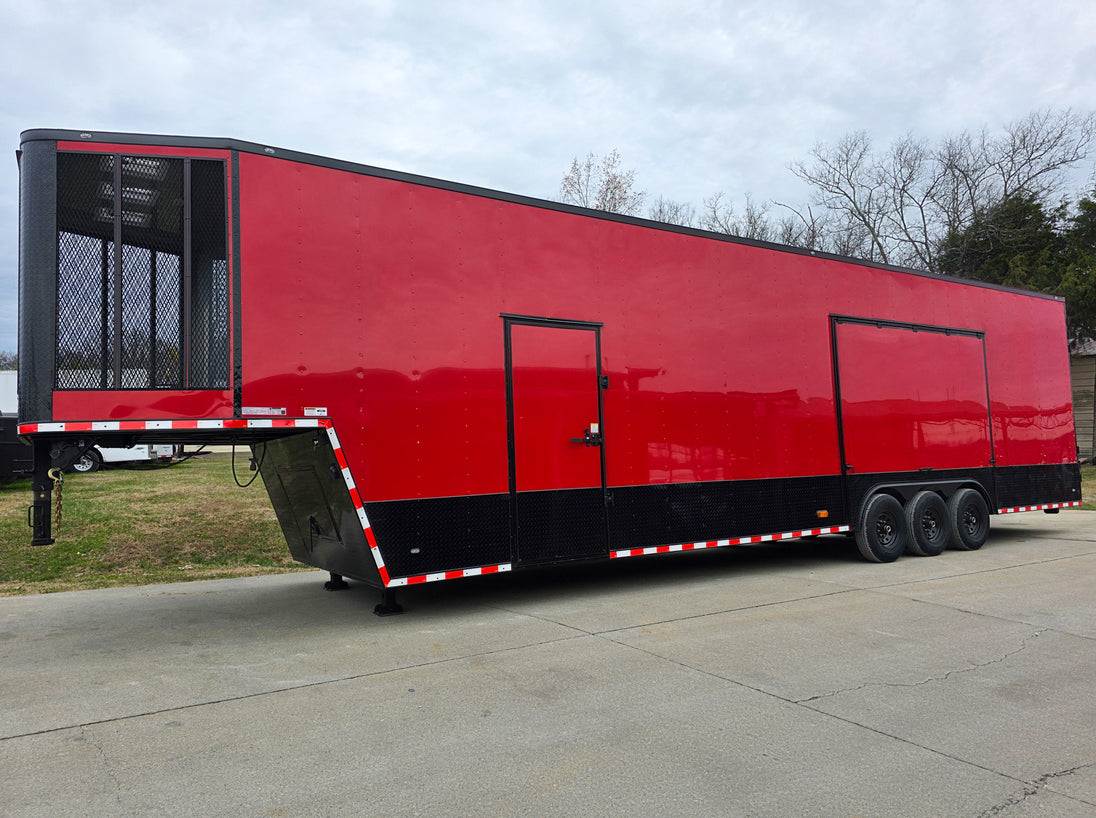 8.5x42 Red Gooseneck Enclosed Trailer Generator Cage with Rear Gullwing (3) 7000k Axles Front Left 