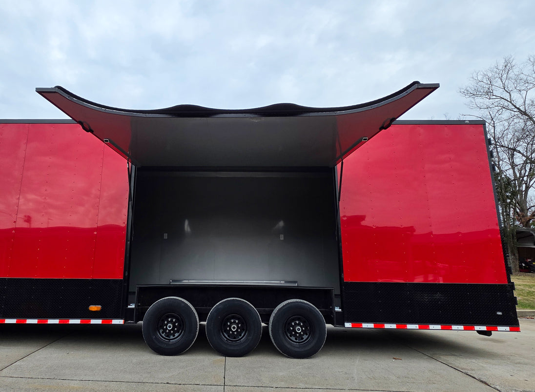 8.5x42 Red Gooseneck Enclosed Trailer Generator Cage with Rear Gullwing (3) 7000k Axles Rear Gullwing Open