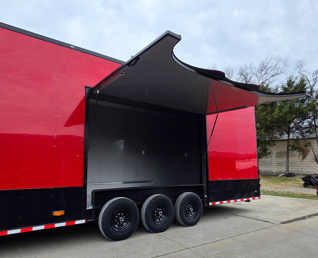 8.5x42 Red Gooseneck Enclosed Trailer Generator Cage with Rear Gullwing (3) 7000k Axles Rear Gullwing Open Front 