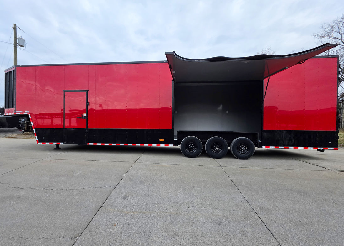 8.5x42 Red Gooseneck Enclosed Trailer Generator Cage with Rear Gullwing (3) 7000k Axles Left Side Gullwing Open