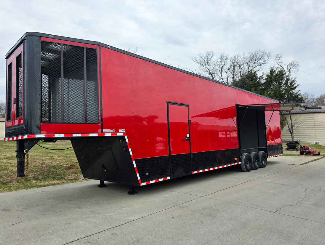 8.5x42 Red Gooseneck Enclosed Trailer Generator Cage with Rear Gullwing (3) 7000k Axles Front Left Side Gullwing Open