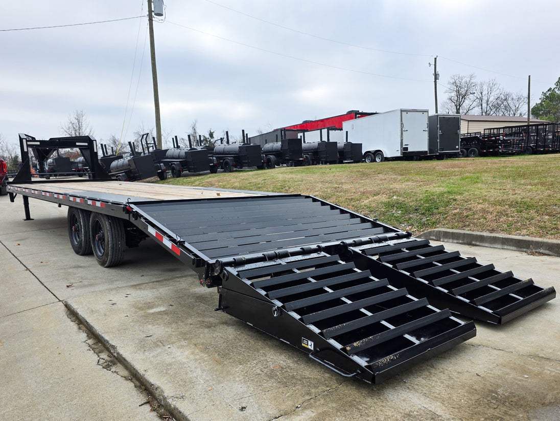 8.5x30 Gooseneck Deckover Dovetail Trailer (2) 10K Axles King Kong Ramps 20K GVWR Left Rear Ramps Down
