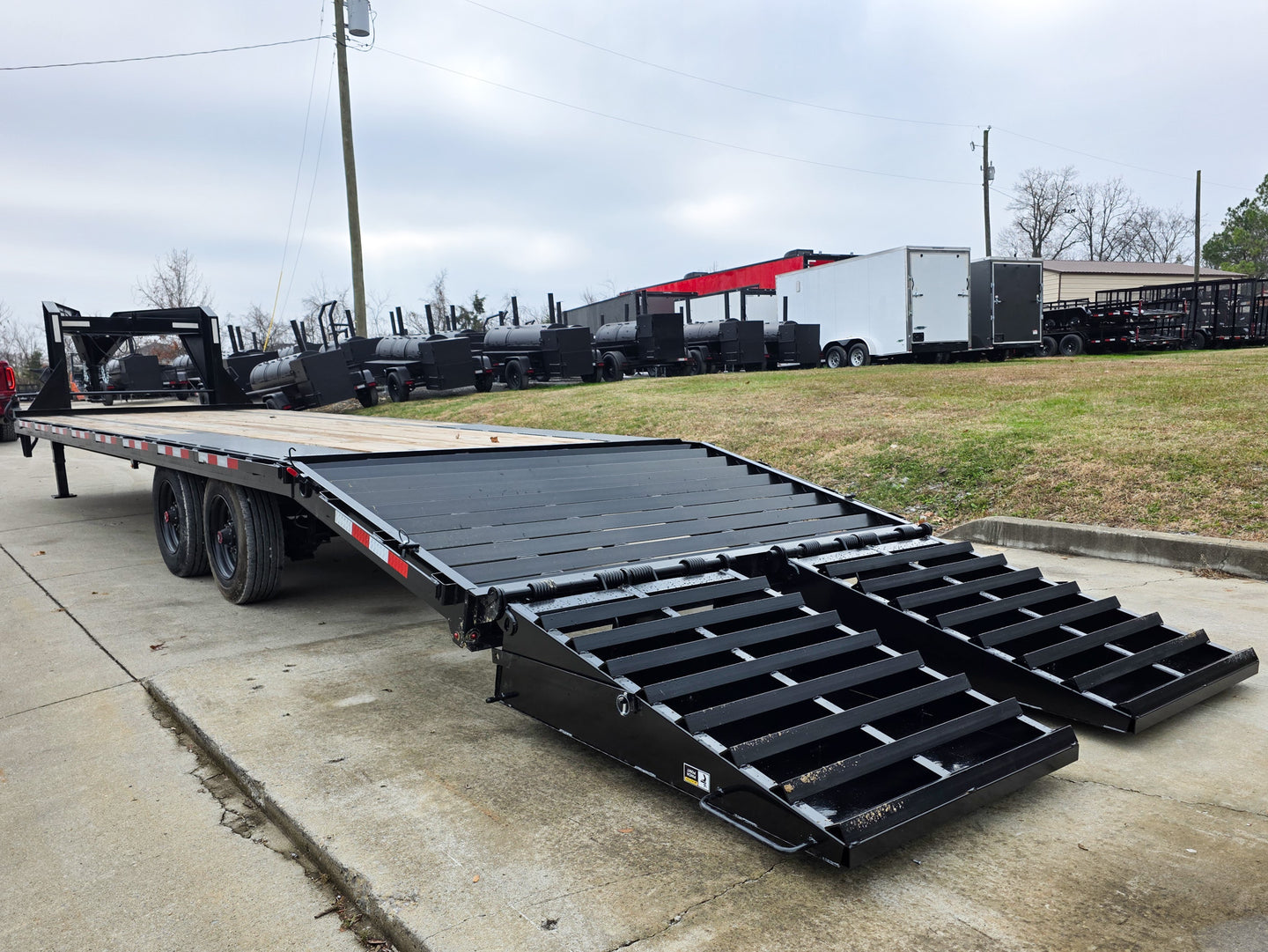 8.5x30 Gooseneck Deckover Dovetail Trailer (2) 10K Axles King Kong Ramps 20K GVWR Left Rear Ramps Down