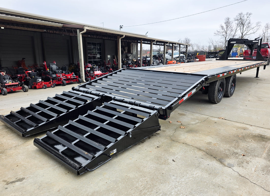 8.5x30 Gooseneck Deckover Dovetail Trailer (2) 10K Axles King Kong Ramps 20K GVWR Rear Right Ramps Down