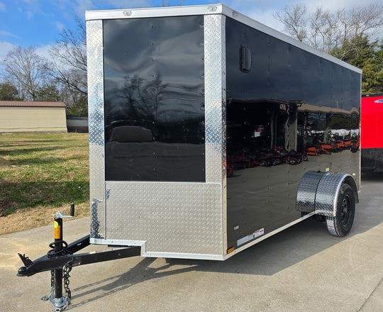 6x12 Black V-Nose Enclosed Trailer with Silver ATP (1) 3,500lb Axle Front Left 