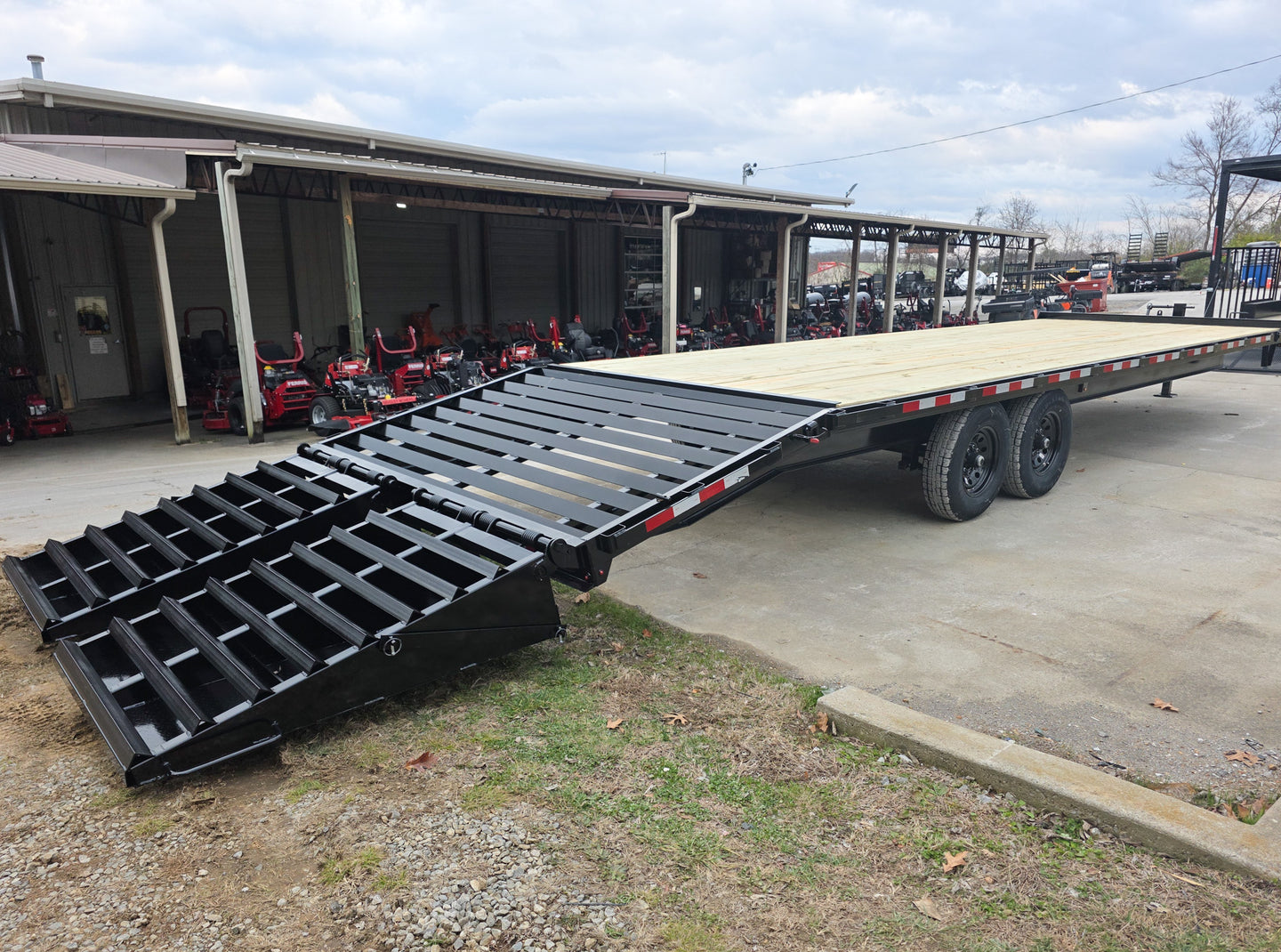8.5x30 IBeam Deckover Trailer Dovetail (2) 7K Axles King Kong Ramps 14k GVWR Right Rear Ramps Down