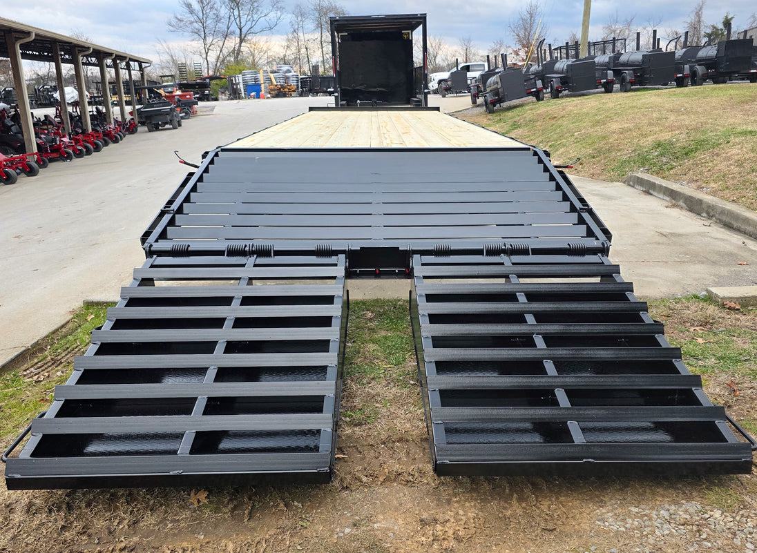 8.5x30 IBeam Deckover Trailer Dovetail (2) 7K Axles King Kong Ramps 14k GVWR Rear Ramps Down