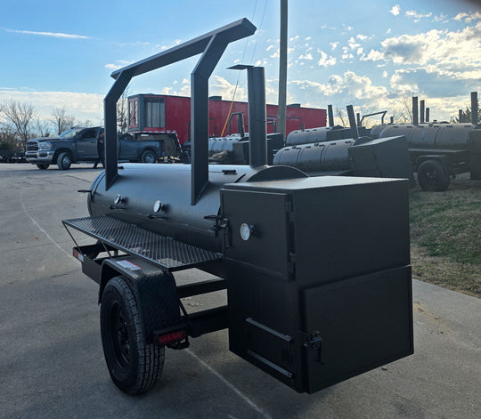 330 GAL Smoker Single Door With CounterWeight with Double Racks and Charkettle Left Rear