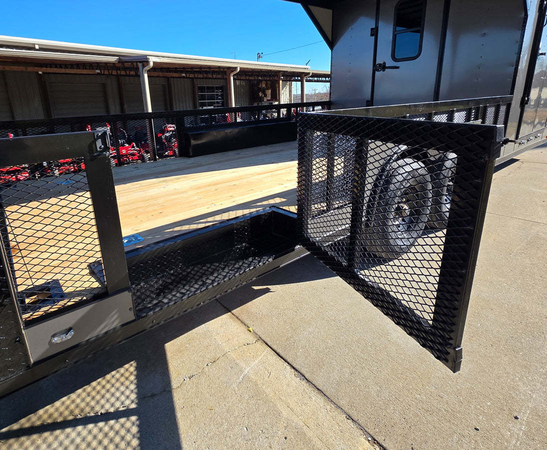 8.5' X 24' Charcoal Enclosed Trailer Hybrid Drone and Equipment Hauler Rear Side Gate Hatch Open